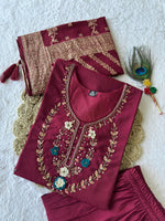 Thumbnail for Lorenvalley Fashion Maroon Roman Silk Hand Work Kurta Pant with Dupatta