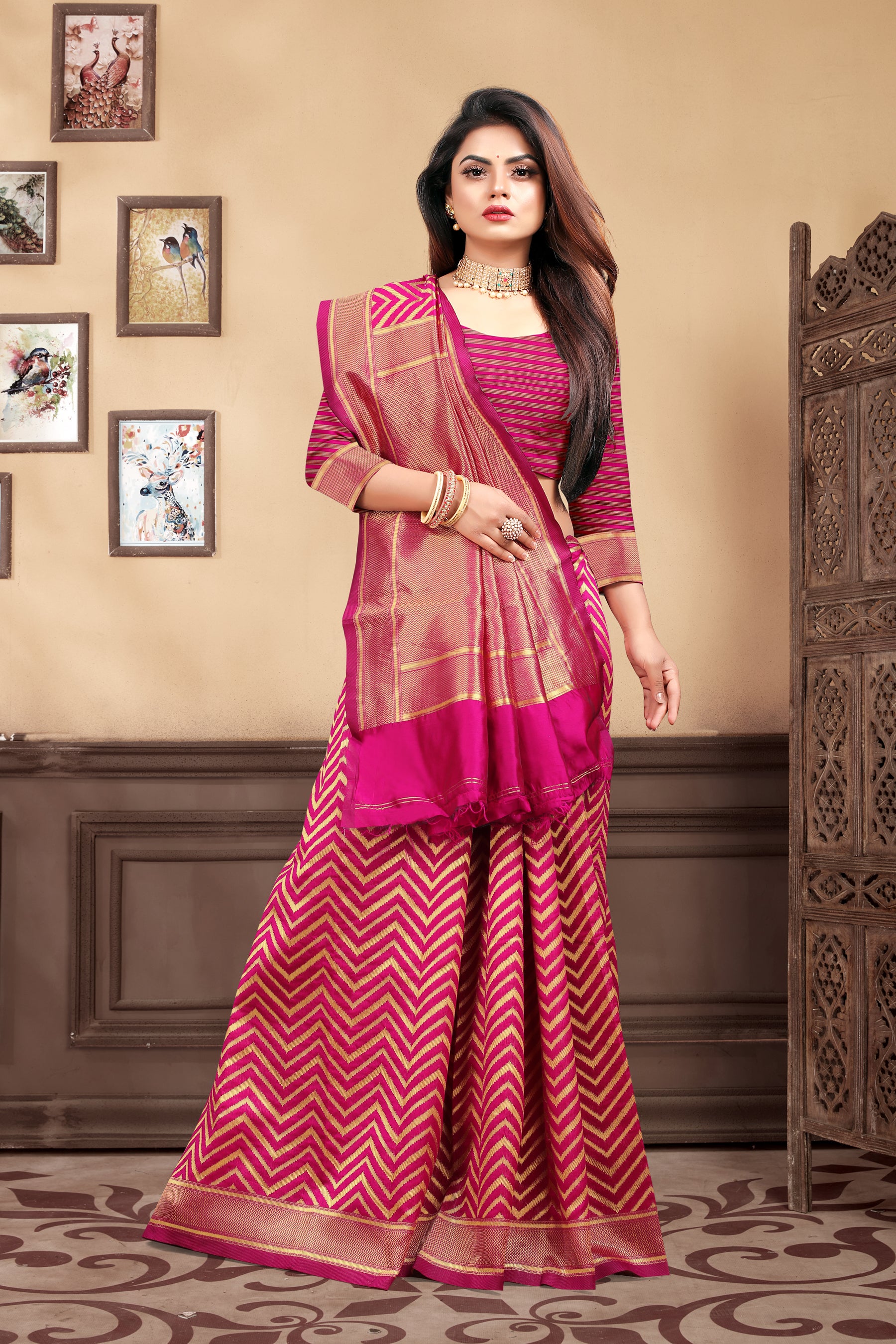 Vedant Vastram Litchi Silk Designer Banarasi Saree - Magenta - Distacart