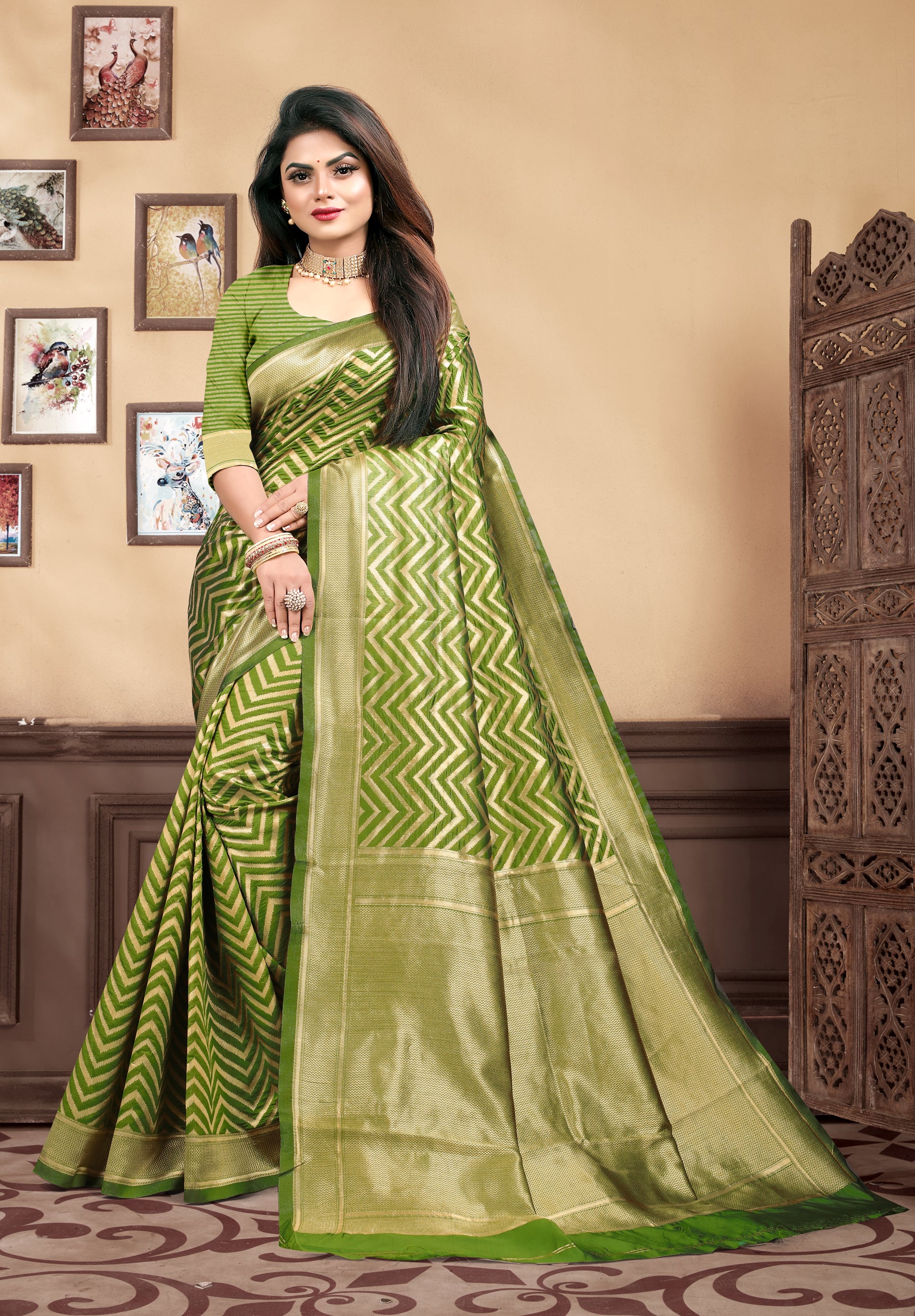 Vedant Vastram Litchi Silk Designer Banarasi Saree - Mehndi - Distacart