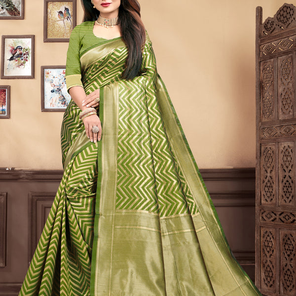 Vedant Vastram Litchi Silk Designer Banarasi Saree - Mehndi - Distacart