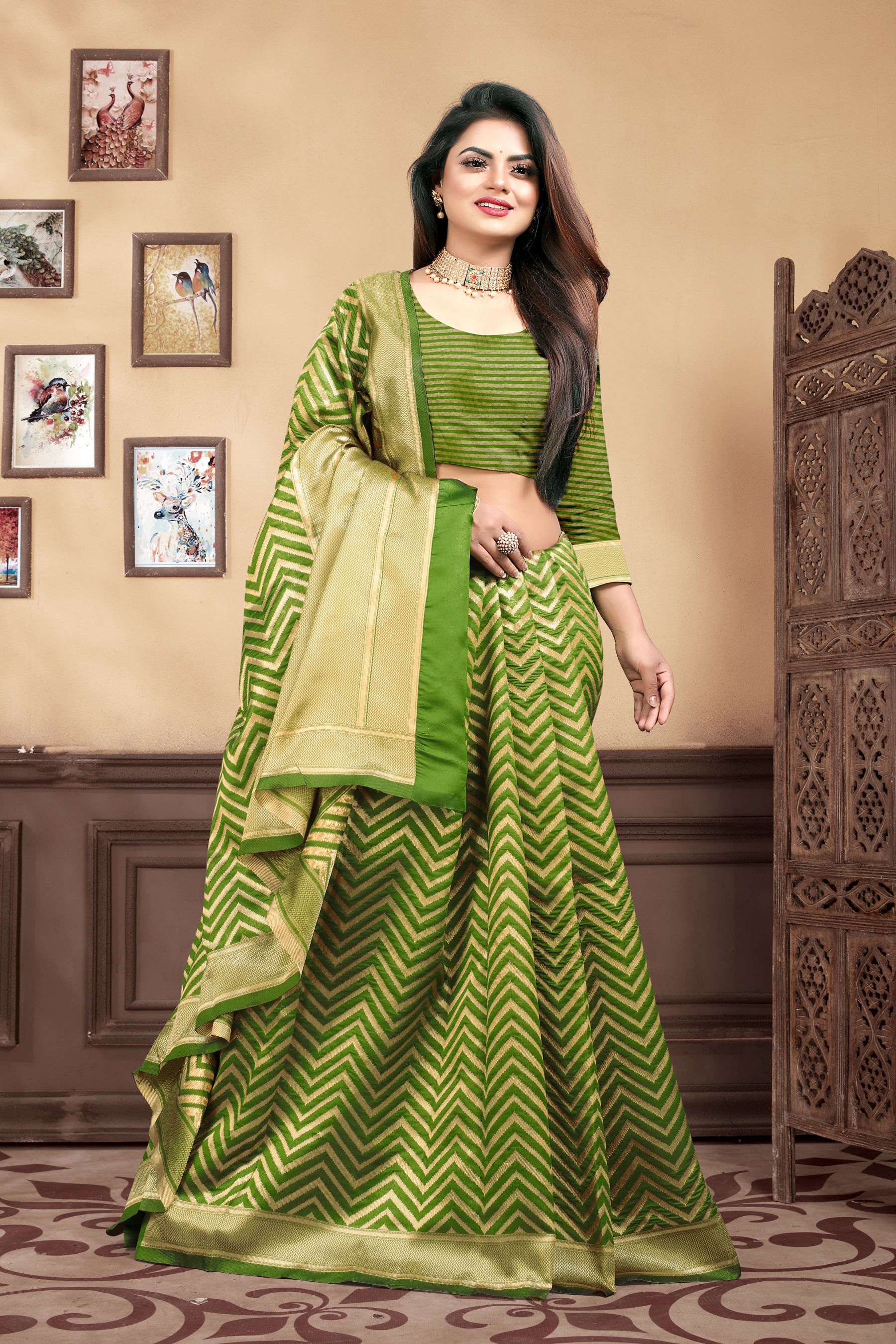 Vedant Vastram Litchi Silk Designer Banarasi Saree - Mehndi - Distacart