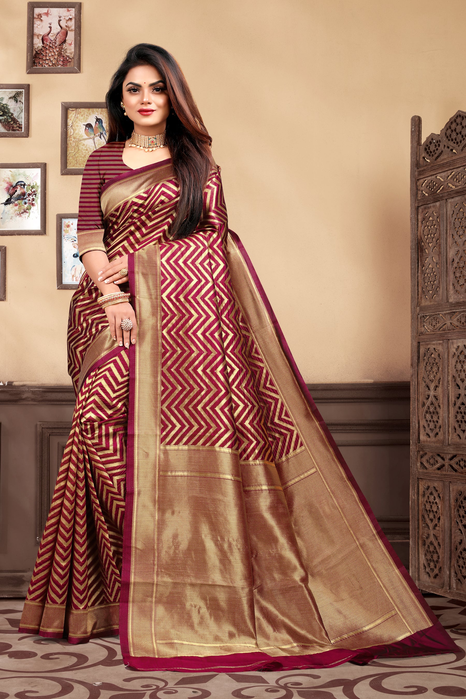 Vedant Vastram Litchi Silk Designer Banarasi Saree - Maroon - Distacart