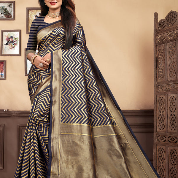Vedant Vastram Litchi Silk Designer Banarasi Saree - Navy Blue - Distacart