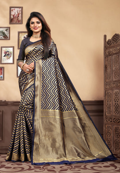 Vedant Vastram Litchi Silk Designer Banarasi Saree - Navy Blue - Distacart