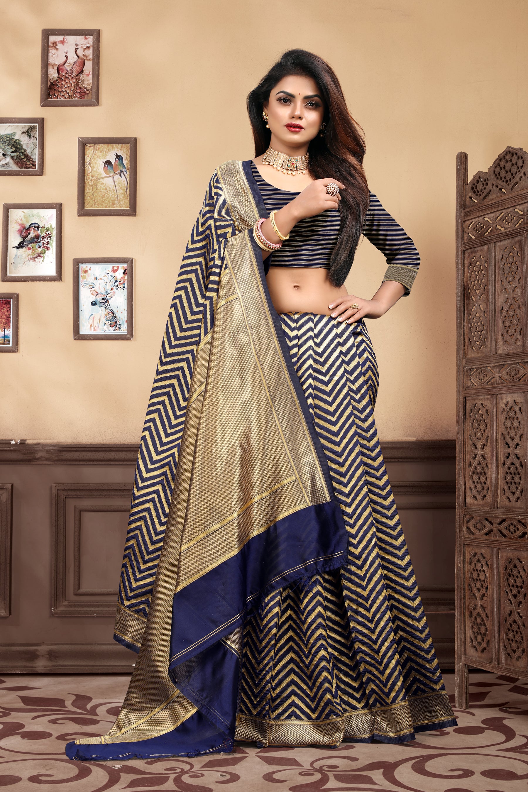 Vedant Vastram Litchi Silk Designer Banarasi Saree - Navy Blue - Distacart