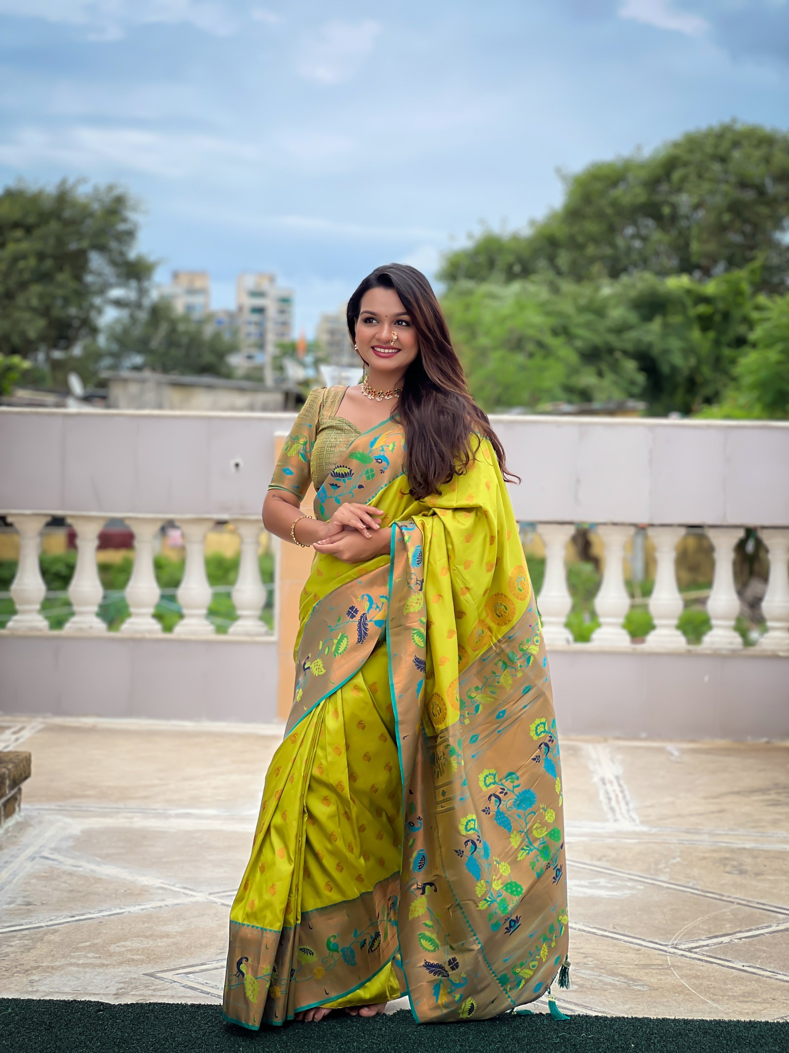 Vedant Vastram Soft Litchi Silk Paithani Jacquard Saree - Olive - Dista
