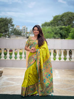 Thumbnail for Vedant Vastram Soft Litchi Silk Paithani Jacquard Saree - Olive - Dista