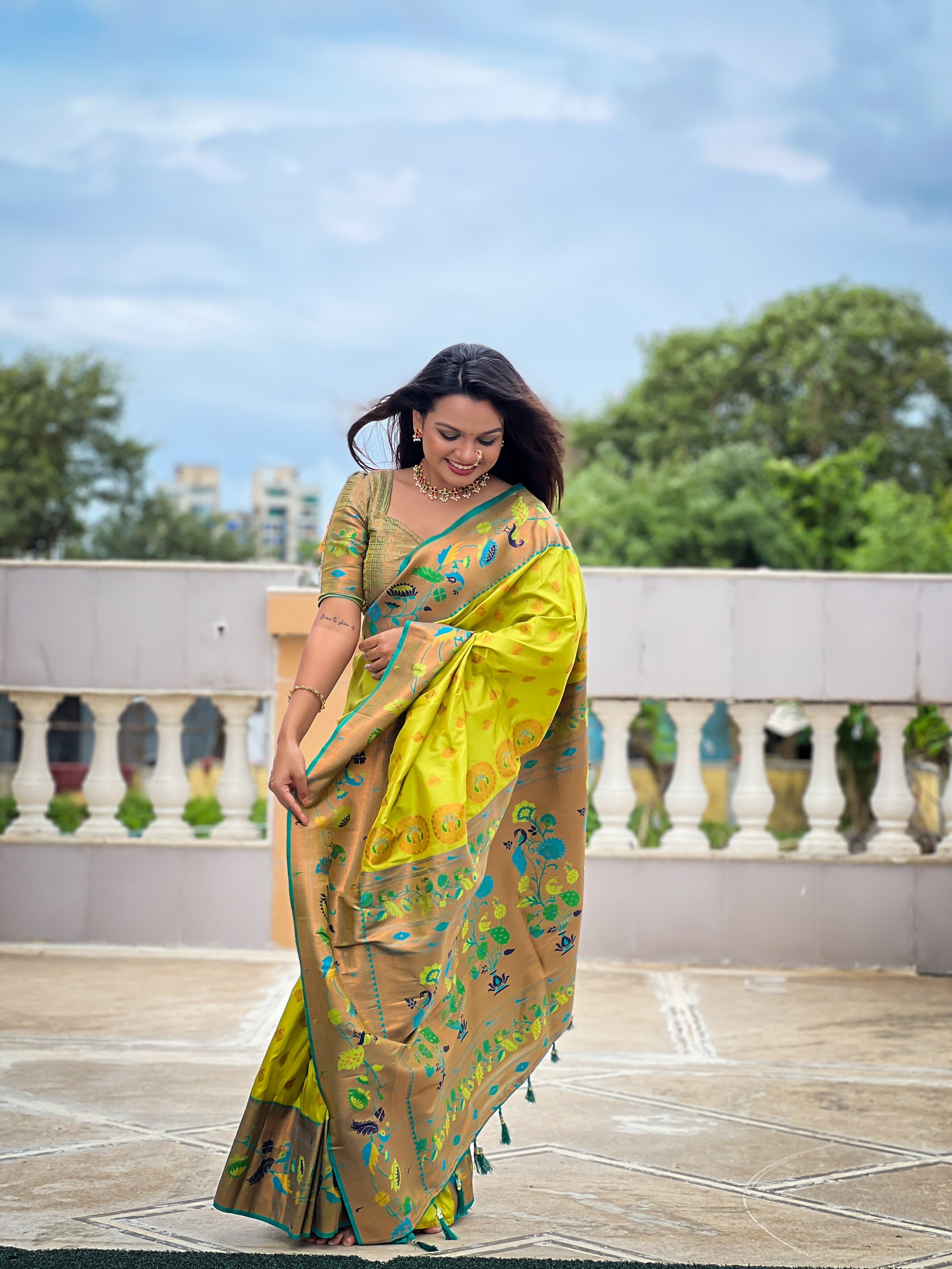 Vedant Vastram Soft Litchi Silk Paithani Jacquard Saree - Olive - Dista
