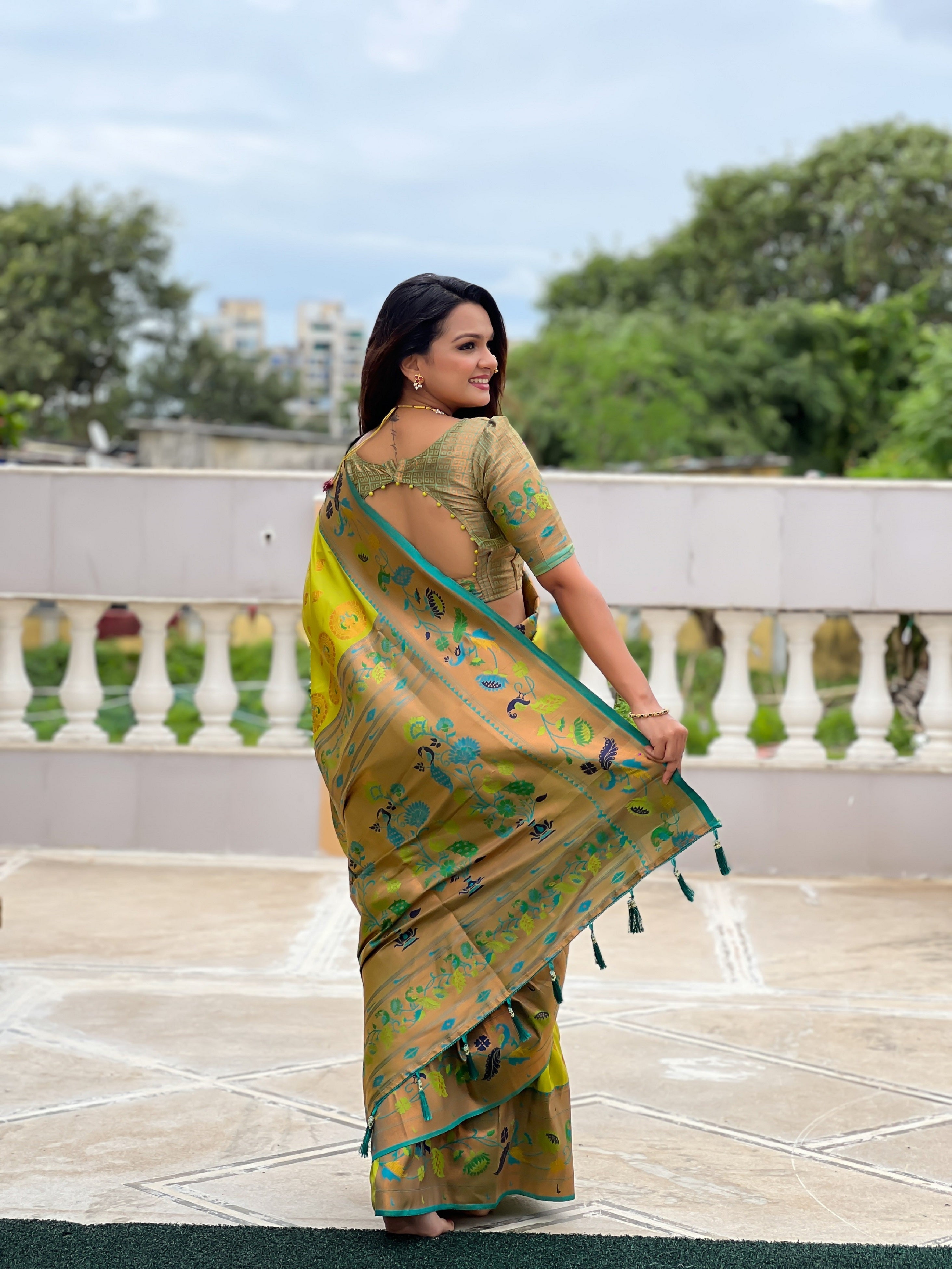 Vedant Vastram Soft Litchi Silk Paithani Jacquard Saree - Olive - Dista