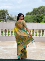 Thumbnail for Vedant Vastram Soft Litchi Silk Paithani Jacquard Saree - Olive - Dista