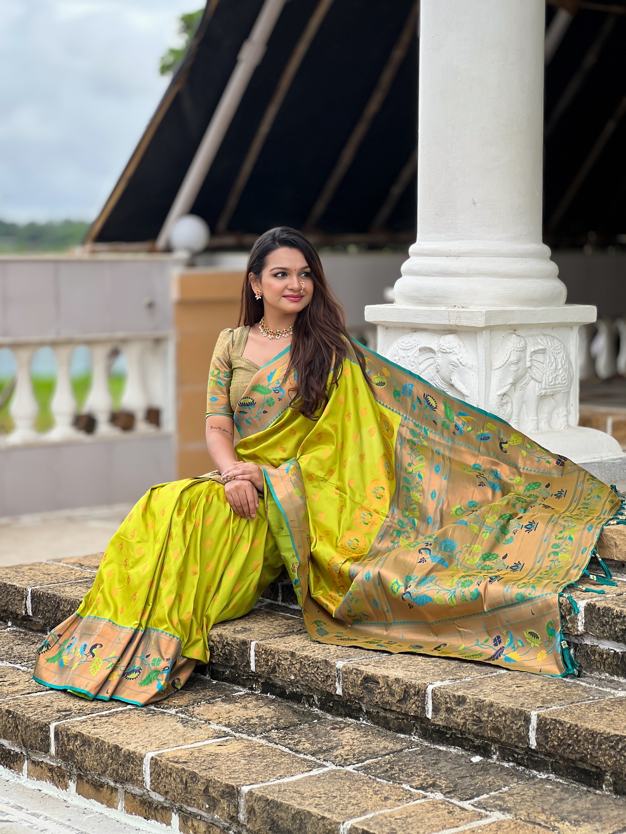 Vedant Vastram Soft Litchi Silk Paithani Jacquard Saree - Olive - Dista