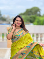Thumbnail for Vedant Vastram Soft Litchi Silk Paithani Jacquard Saree - Olive - Dista