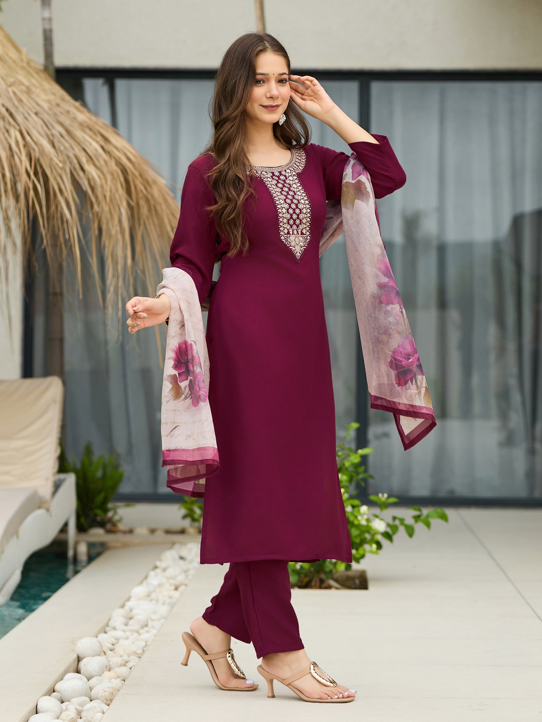 The52 Women's Gorgeous Rayon Embroidery Straight Kurta with Pant And Dupatta Set