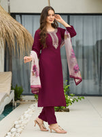 Thumbnail for The52 Women's Gorgeous Rayon Embroidery Straight Kurta with Pant And Dupatta Set