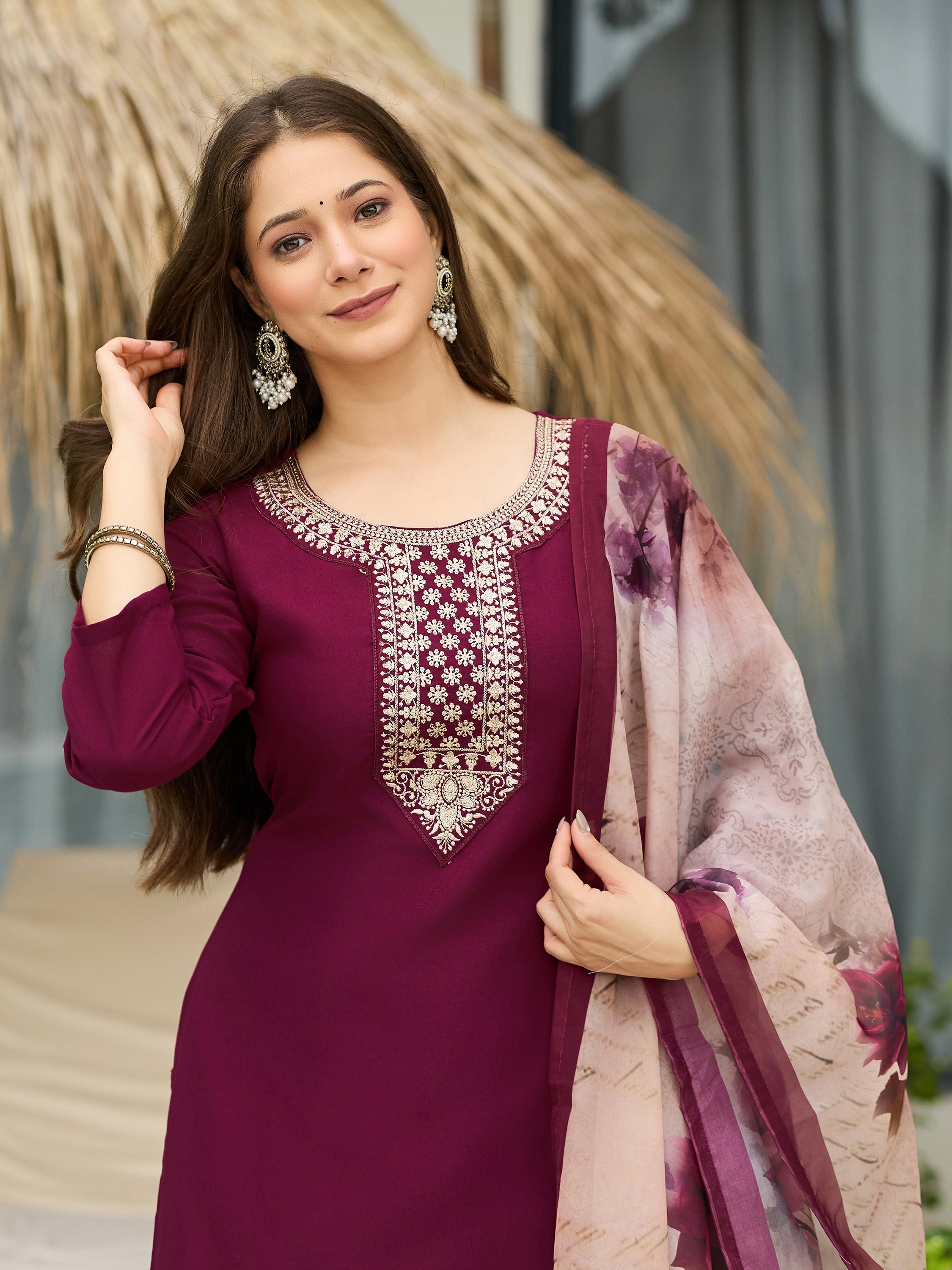 The52 Women's Gorgeous Rayon Embroidery Straight Kurta with Pant And Dupatta Set
