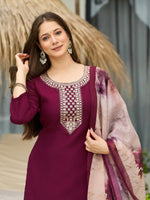 Thumbnail for The52 Women's Gorgeous Rayon Embroidery Straight Kurta with Pant And Dupatta Set