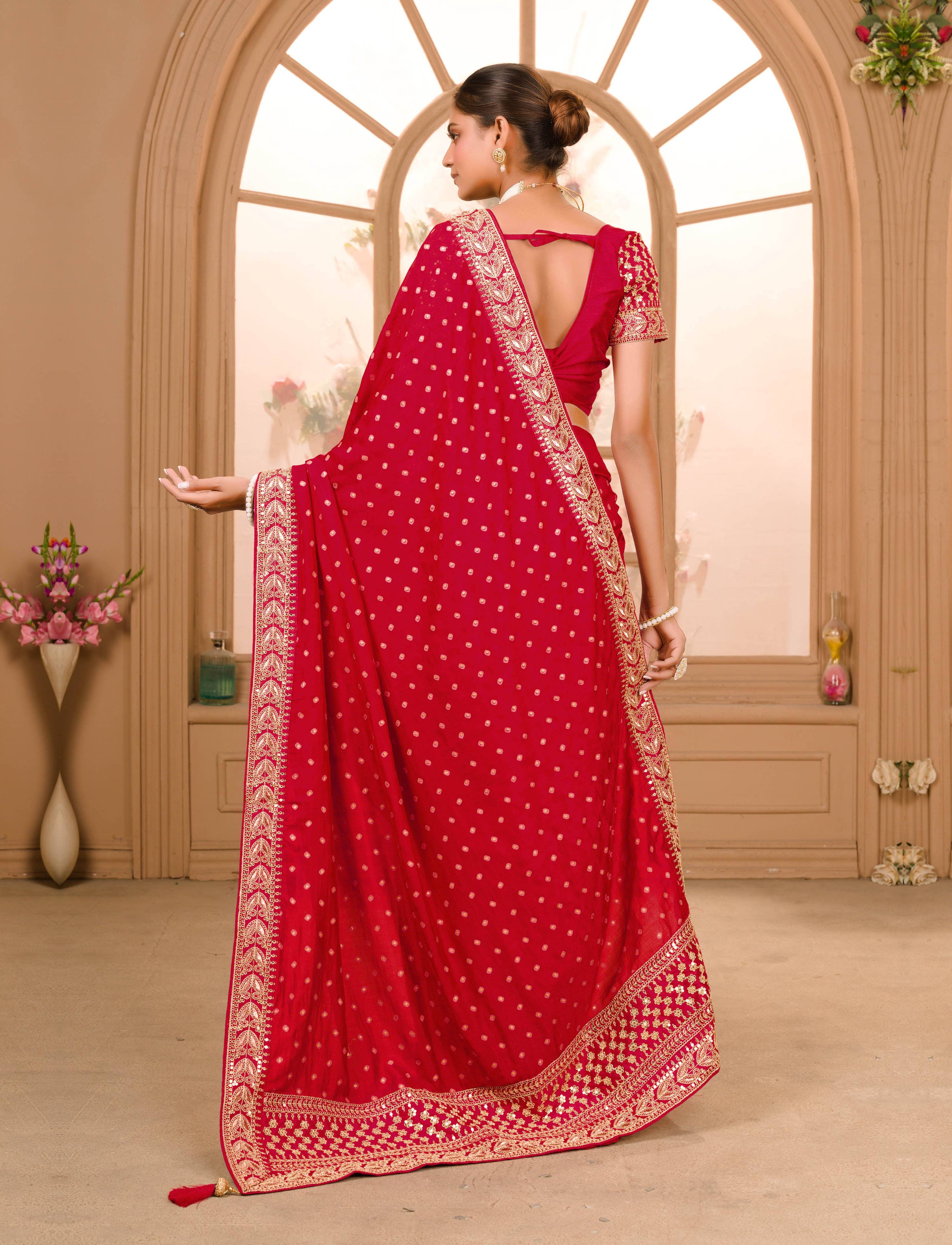 Teeya Creation Maroon Color Chinnon Silk Heavy Embroidery Work Saree - Distacart