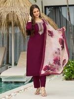 Thumbnail for The52 Women's Gorgeous Rayon Embroidery Straight Kurta with Pant And Dupatta Set