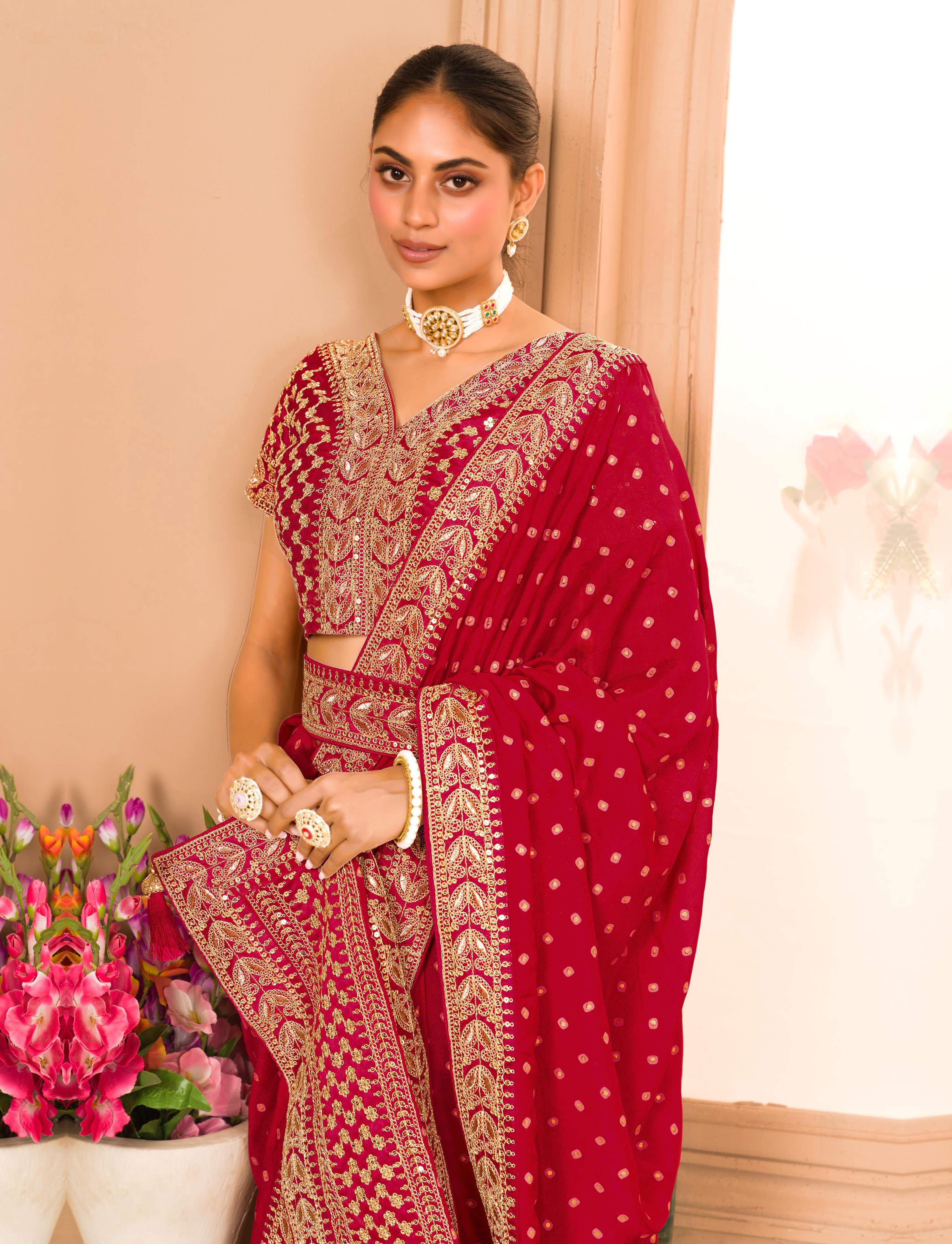 Teeya Creation Maroon Color Chinnon Silk Heavy Embroidery Work Saree - Distacart