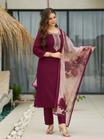 Thumbnail for The52 Women's Gorgeous Rayon Embroidery Straight Kurta with Pant And Dupatta Set