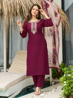 Thumbnail for The52 Women's Gorgeous Rayon Embroidery Straight Kurta with Pant And Dupatta Set
