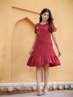 Thumbnail for Yufta Maroon Floral Embroidered A-Line Midi Dress - Distacart