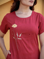Thumbnail for Yufta Maroon Floral Embroidered A-Line Midi Dress - Distacart