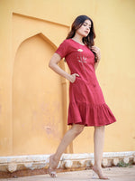Thumbnail for Yufta Maroon Floral Embroidered A-Line Midi Dress - Distacart