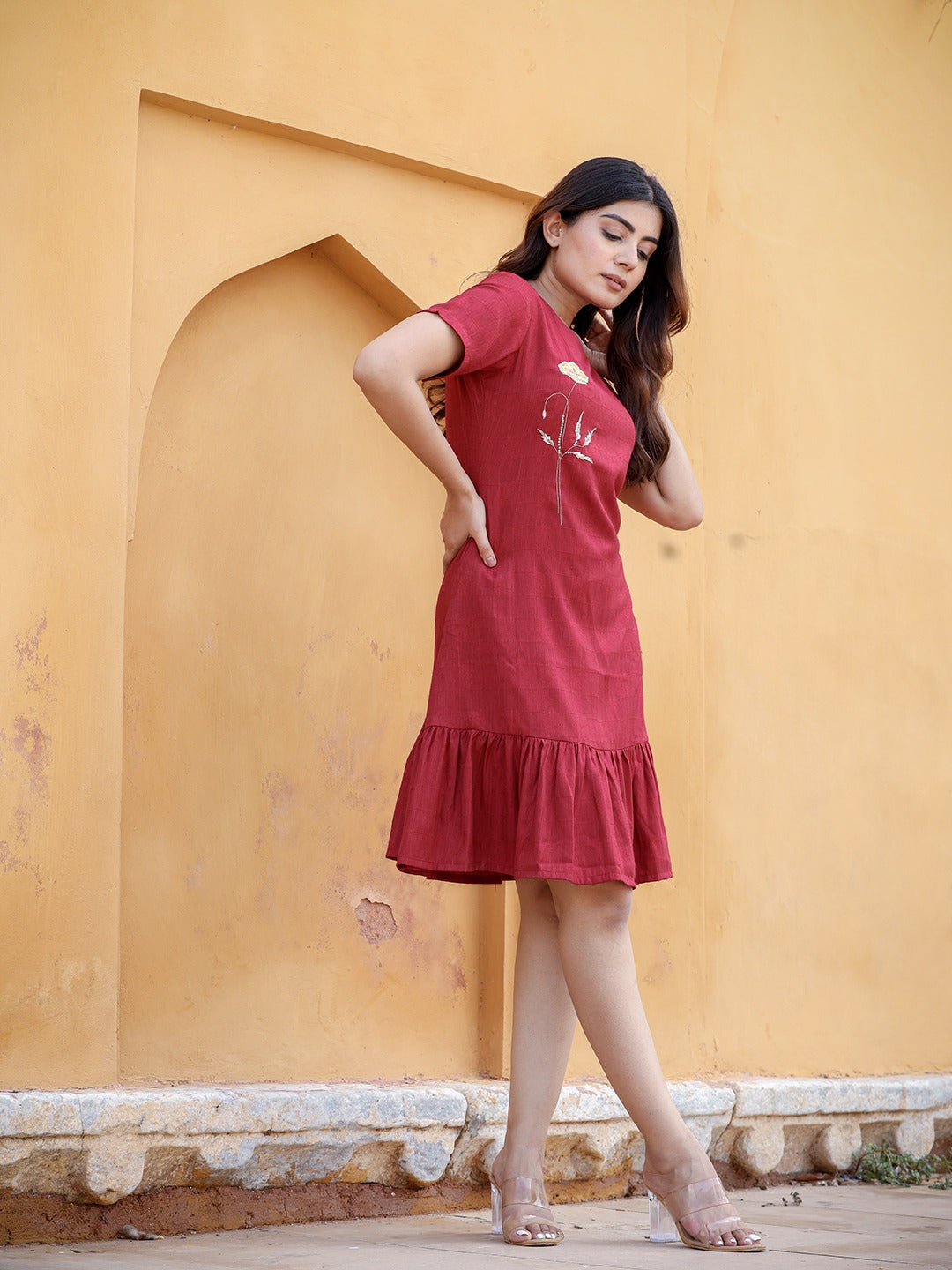 Yufta Maroon Floral Embroidered A-Line Midi Dress - Distacart