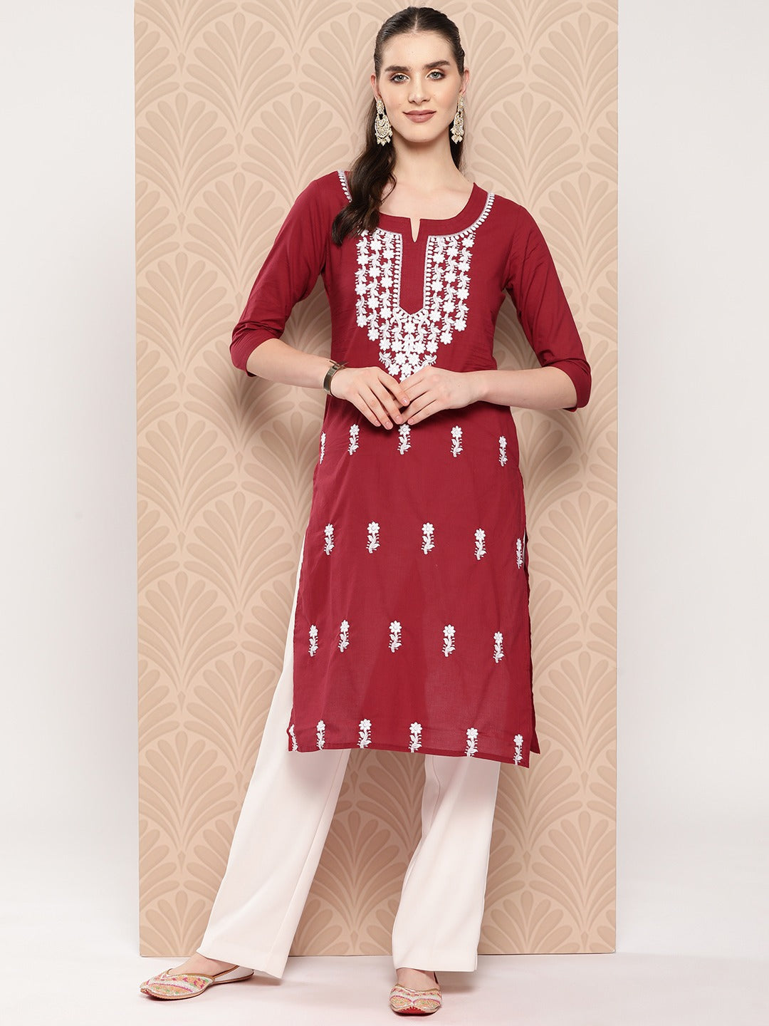 Yufta Maroon Floral Embroidered Pure Cotton Kurta - Distacart