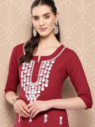 Yufta Maroon Floral Embroidered Pure Cotton Kurta - Distacart