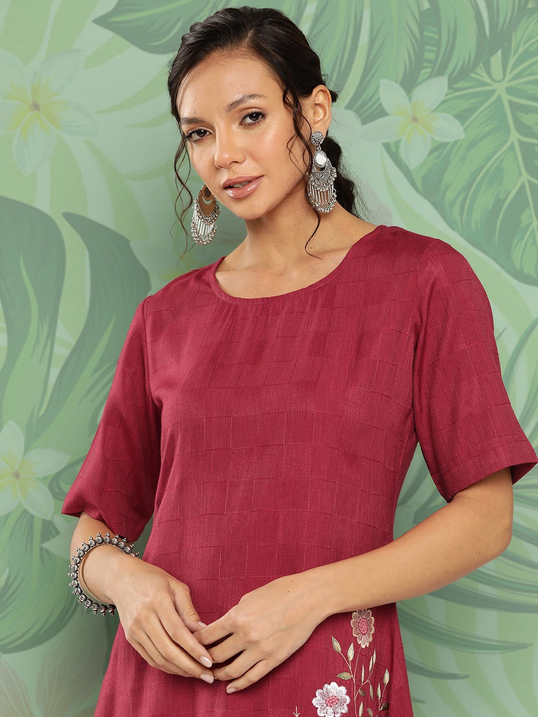 Yufta Maroon Floral Ethnic Dress - Distacart
