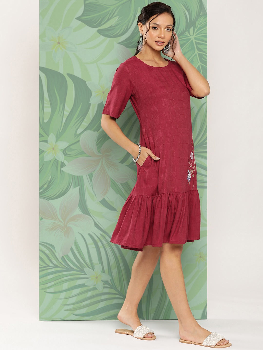 Yufta Maroon Floral Ethnic Dress - Distacart