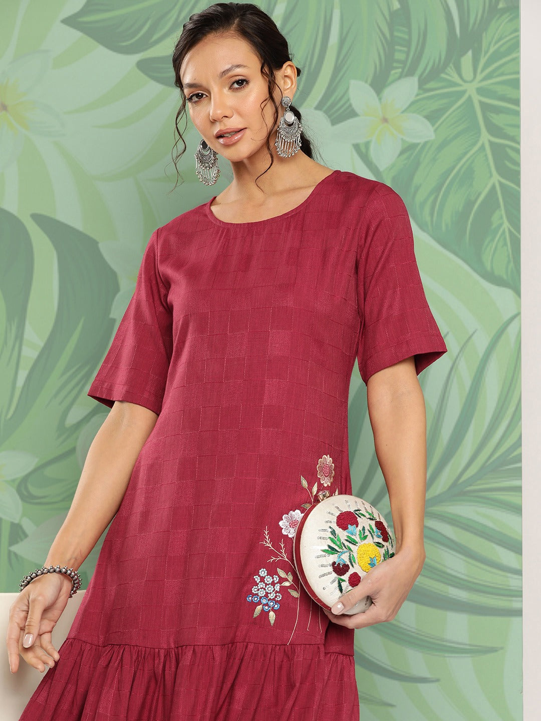 Yufta Maroon Floral Ethnic Dress - Distacart