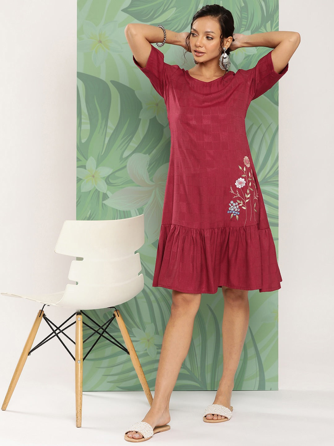 Yufta Maroon Floral Ethnic Dress - Distacart
