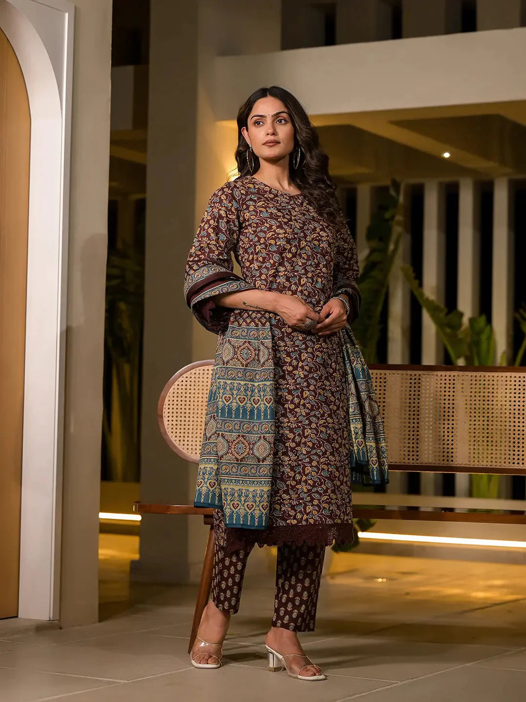 Yufta Maroon Floral Print Piping On Yoke Pakistani Style Kurta With Trousers And Dupatta Set - Distacart