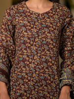 Thumbnail for Yufta Maroon Floral Print Piping On Yoke Pakistani Style Kurta With Trousers And Dupatta Set