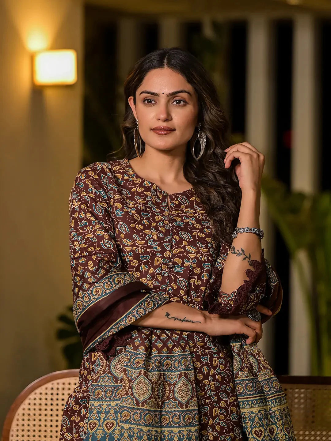 Yufta Maroon Floral Print Piping On Yoke Pakistani Style Kurta With Trousers And Dupatta Set