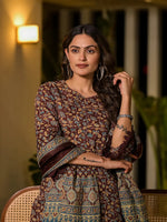 Thumbnail for Yufta Maroon Floral Print Piping On Yoke Pakistani Style Kurta With Trousers And Dupatta Set
