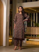 Thumbnail for Yufta Maroon Floral Print Piping On Yoke Pakistani Style Kurta With Trousers And Dupatta Set