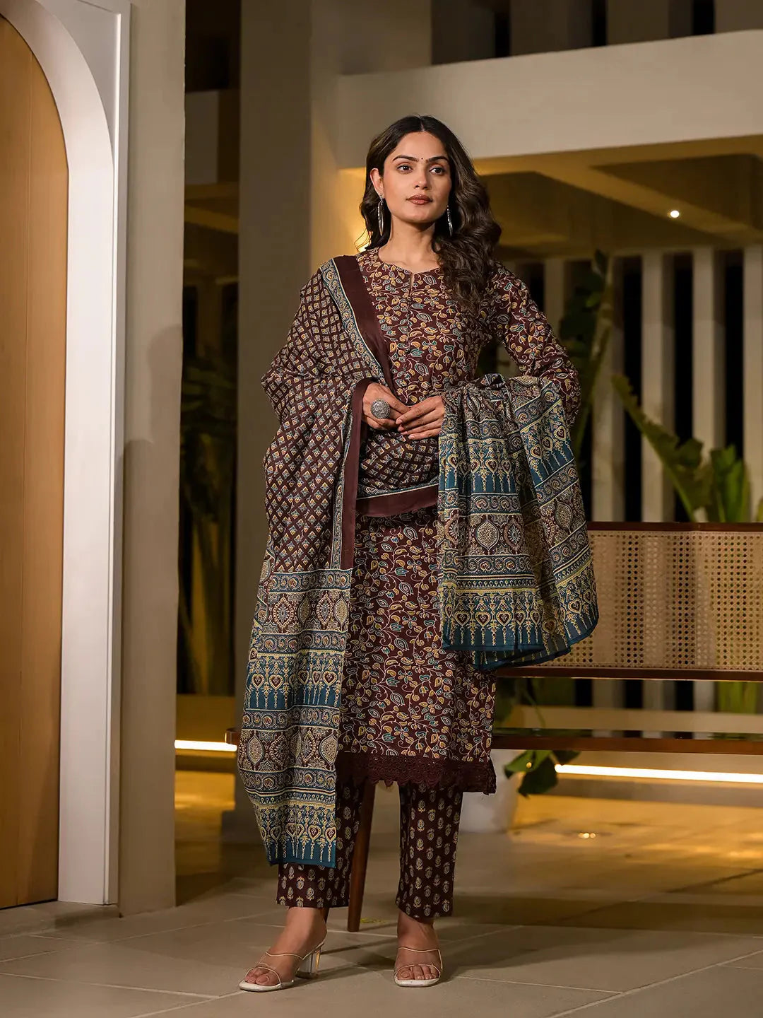 Yufta Maroon Floral Print Piping On Yoke Pakistani Style Kurta With Trousers And Dupatta Set - Distacart
