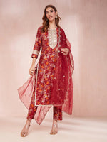 Thumbnail for Yufta Maroon Floral Print Sequins_Work Straight Kurta Trouser And Dupatta Set
