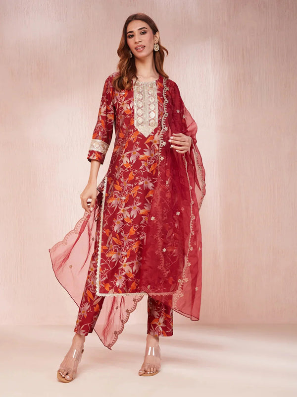 Yufta Maroon Floral Print Sequins_Work Straight Kurta Trouser And Dupatta Set