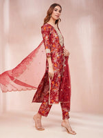 Thumbnail for Yufta Maroon Floral Print Sequins_Work Straight Kurta Trouser And Dupatta Set
