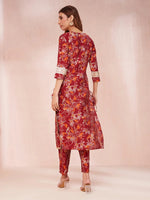 Thumbnail for Yufta Maroon Floral Print Sequins_Work Straight Kurta Trouser And Dupatta Set