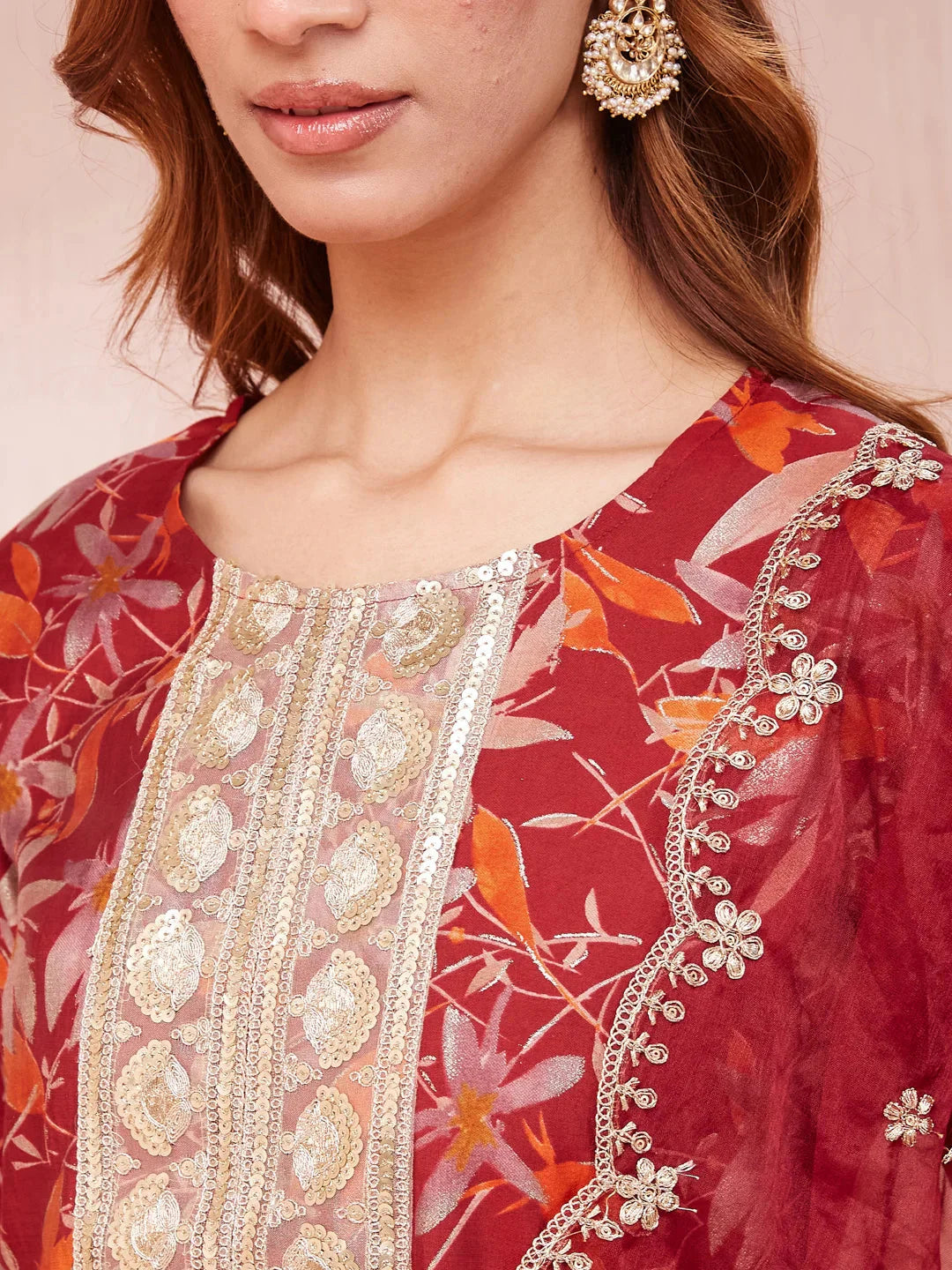 Yufta Maroon Floral Print Sequins_Work Straight Kurta Trouser And Dupatta Set
