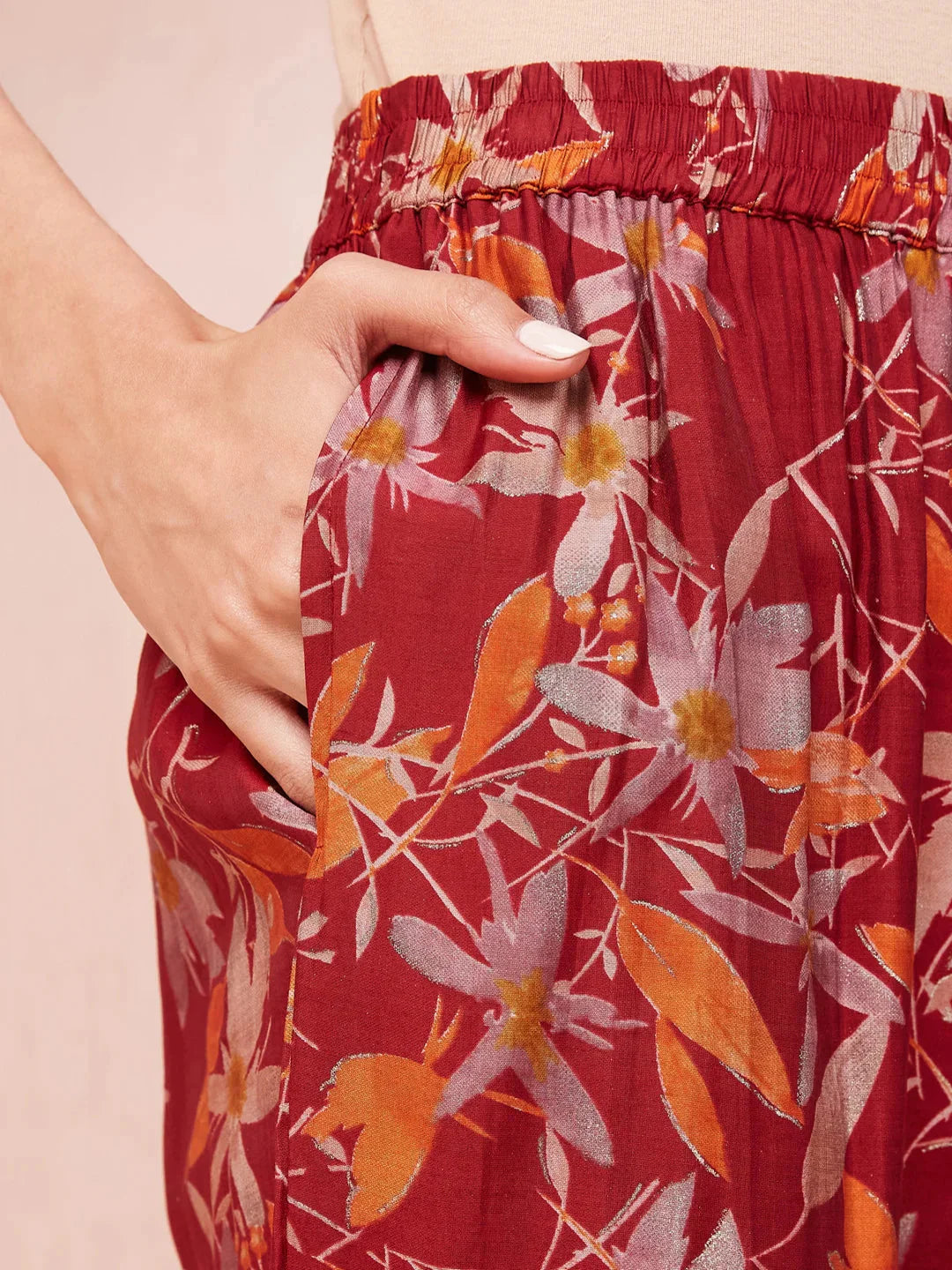 Yufta Maroon Floral Print Sequins_Work Straight Kurta Trouser And Dupatta Set