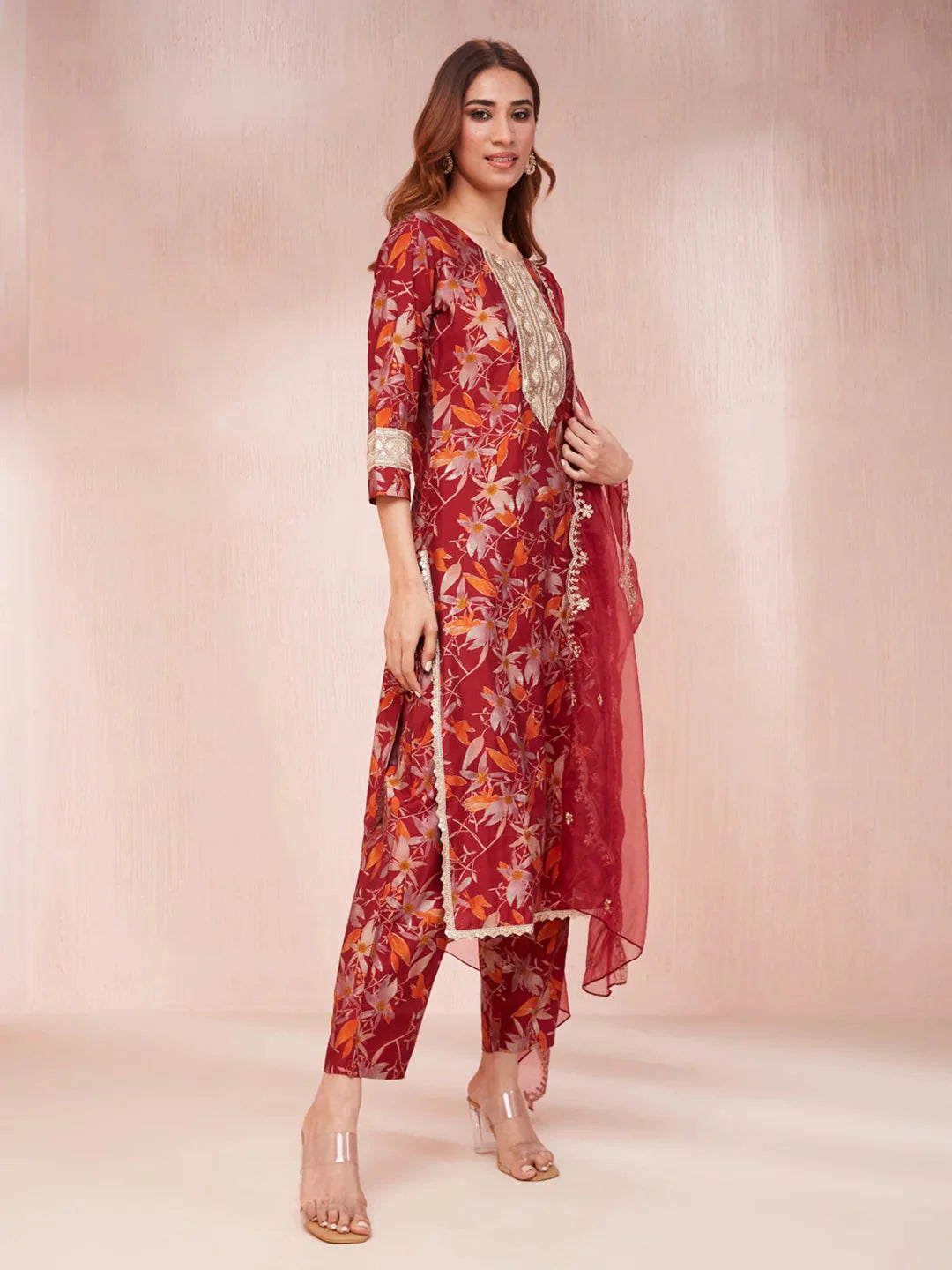 Yufta Maroon Floral Print Sequins_Work Straight Kurta Trouser And Dupatta Set