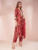 Thumbnail for Yufta Maroon Floral Print Sequins_Work Straight Kurta Trouser And Dupatta Set