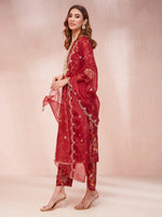 Thumbnail for Yufta Maroon Floral Print Sequins_Work Straight Kurta Trouser And Dupatta Set